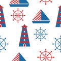 Seamless pattern with lighthouse, sail boats and ship wheel. Simple flat illustration. Cartoon style. Sea graphic elements. For po Royalty Free Stock Photo